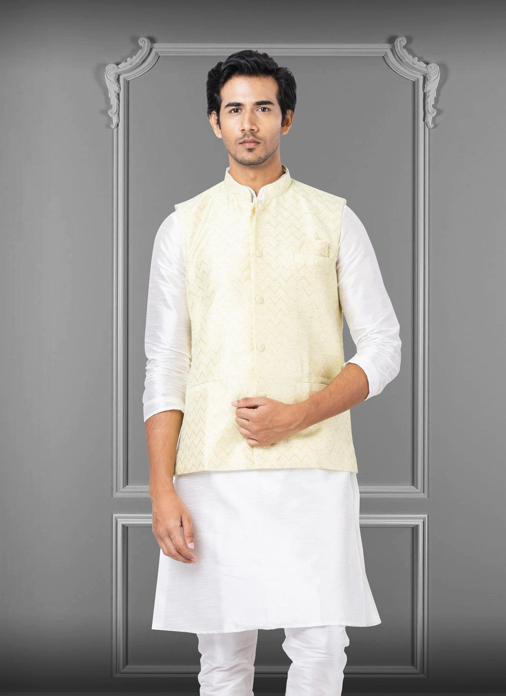 Embroidered Linen, Silk Yellow Nehru Jackets - M3825