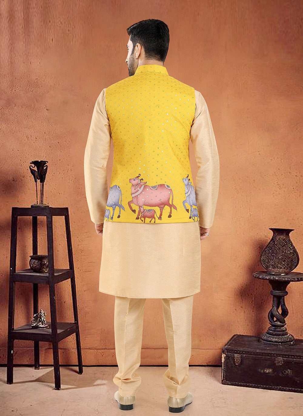 Designer Silk Yellow Kurta Payjama With Jacket - M8140