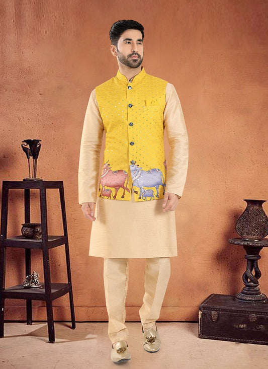 Designer Silk Yellow Kurta Payjama With Jacket - M8140