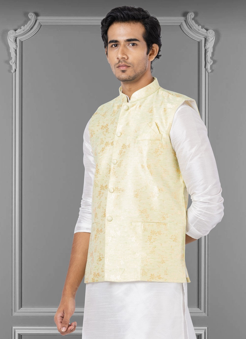 Embroidered Linen, Silk Yellow Nehru Jackets - M3814