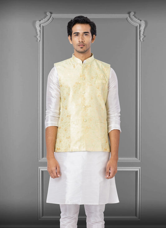 Embroidered Linen, Silk Yellow Nehru Jackets - M3814