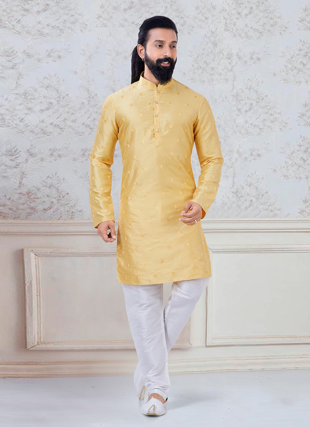 Thread Silk Yellow Kurta Pyjama - M3083