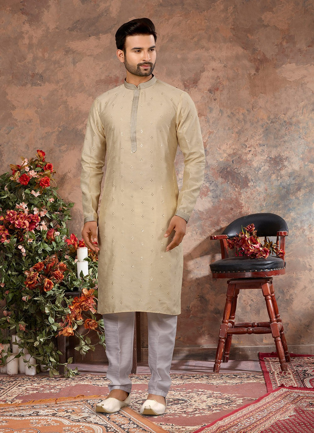 Stones Silk Yellow Kurta Pyjama - M3047