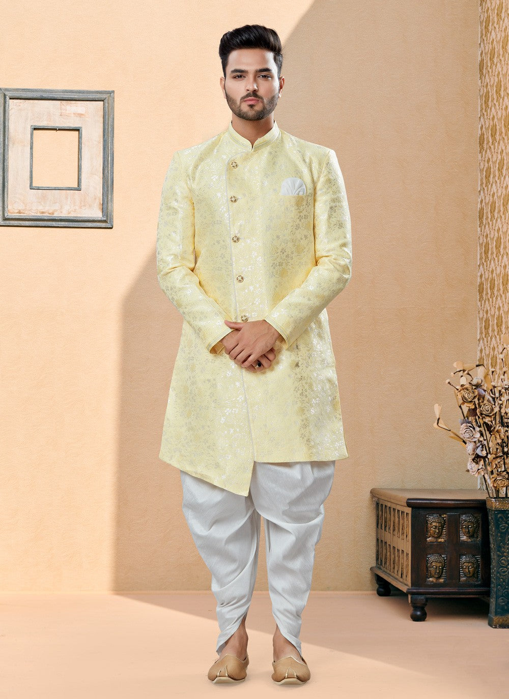 Thread Banarasi Jacquard Yellow Indo Western Sherwani - M3881