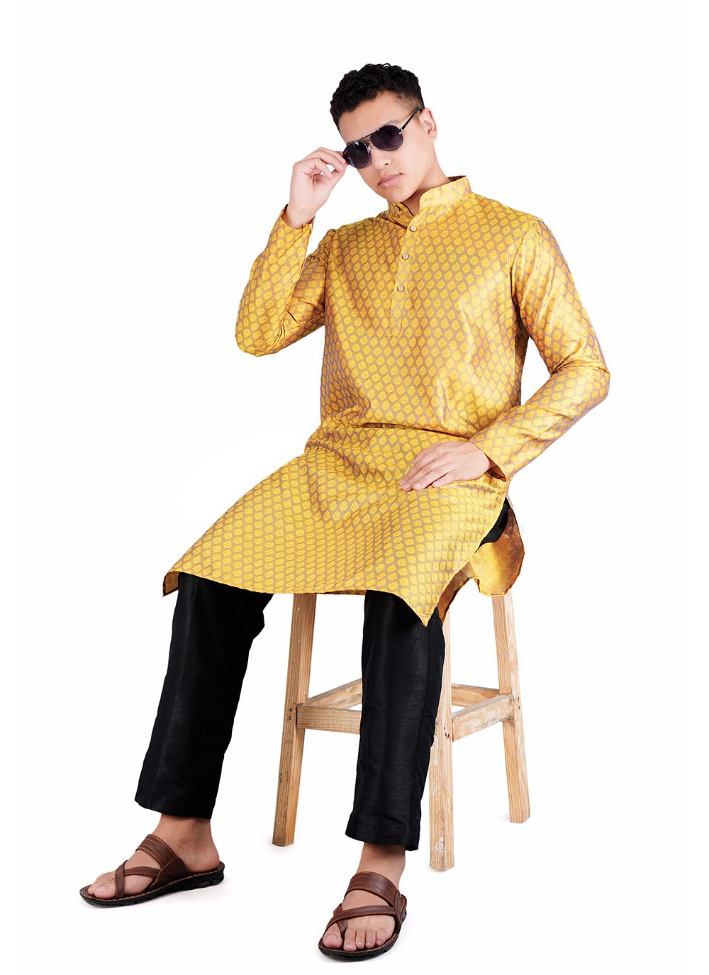 Weaving Zari Jacquard, Satin Yellow Kurta Pyjama - M6528