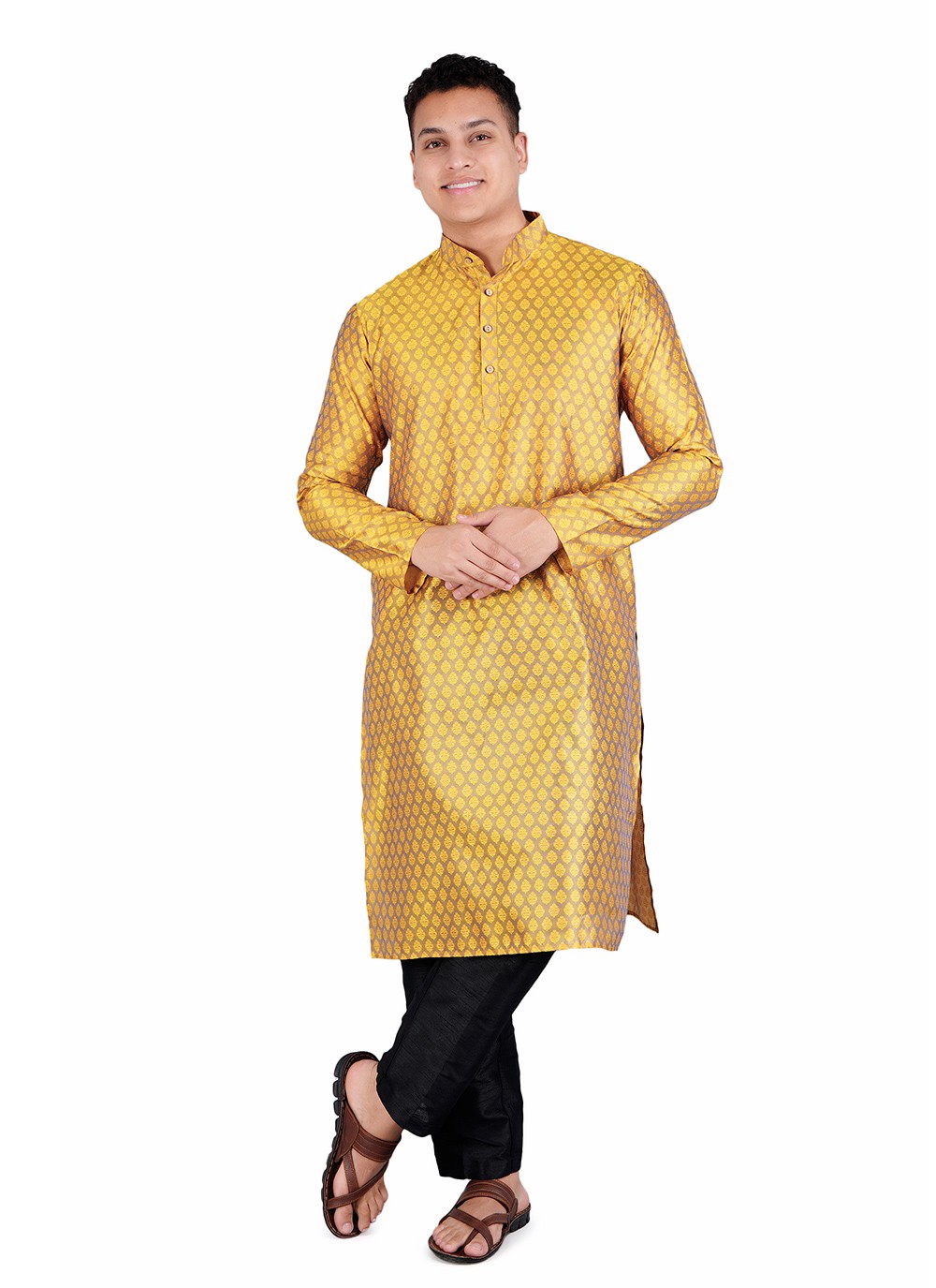 Weaving Zari Jacquard, Satin Yellow Kurta Pyjama - M6528