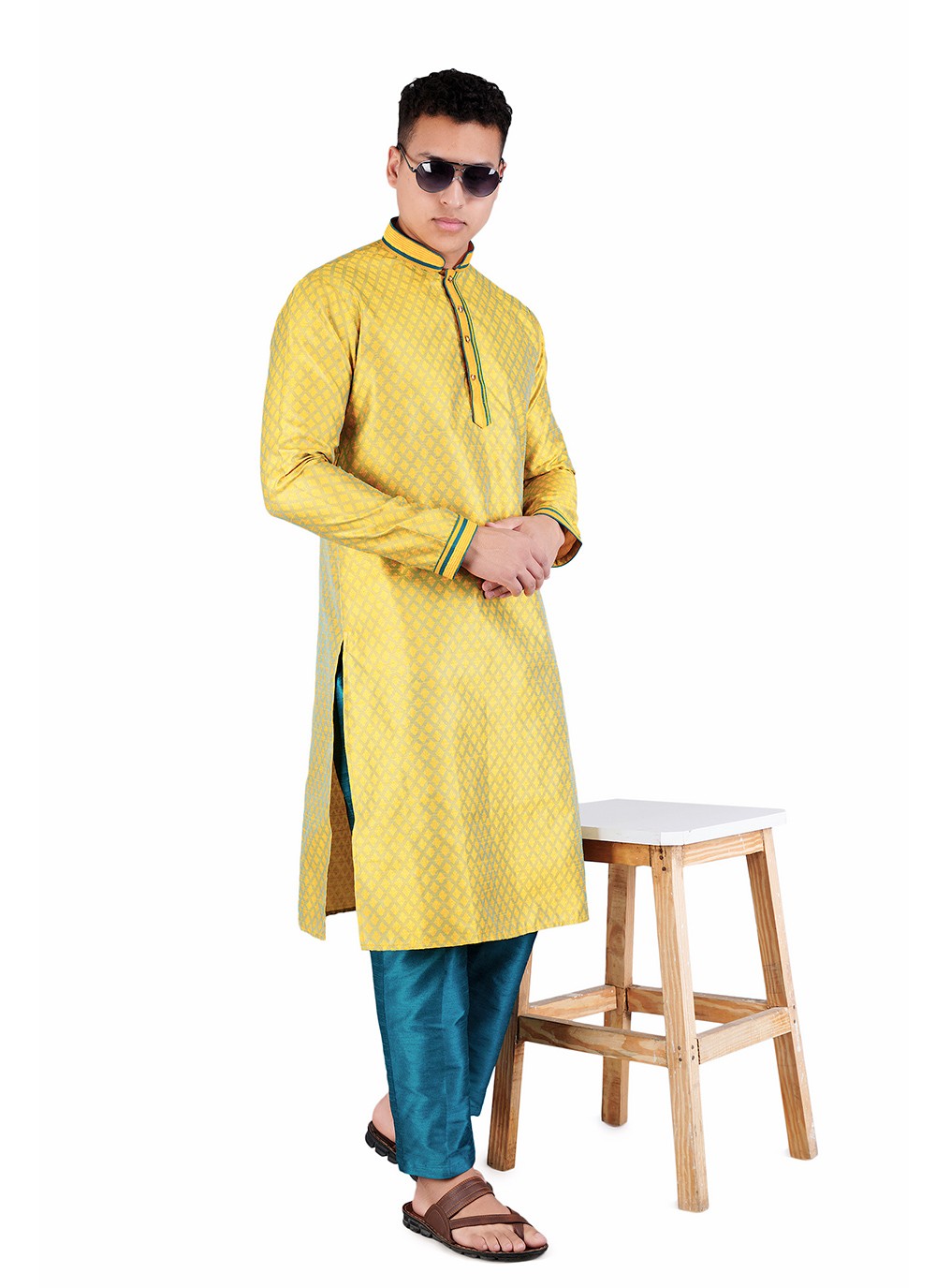 Weaving Zari Jacquard, Satin Yellow Kurta Pyjama - M6525