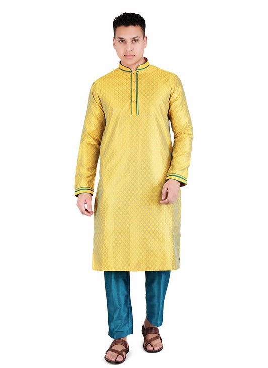 Weaving Zari Jacquard, Satin Yellow Kurta Pyjama - M6525