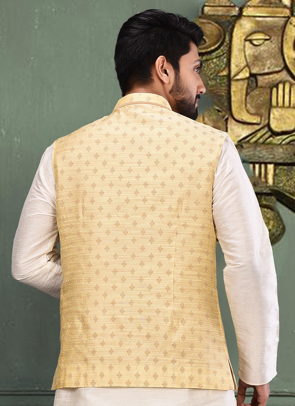 Weaving Zari Malbari Silk Yellow Nehru Jackets - M2748