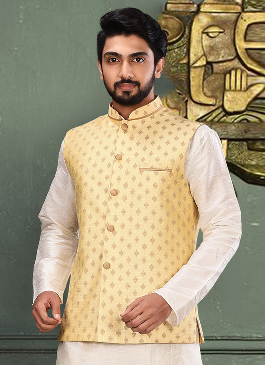 Weaving Zari Malbari Silk Yellow Nehru Jackets - M2748