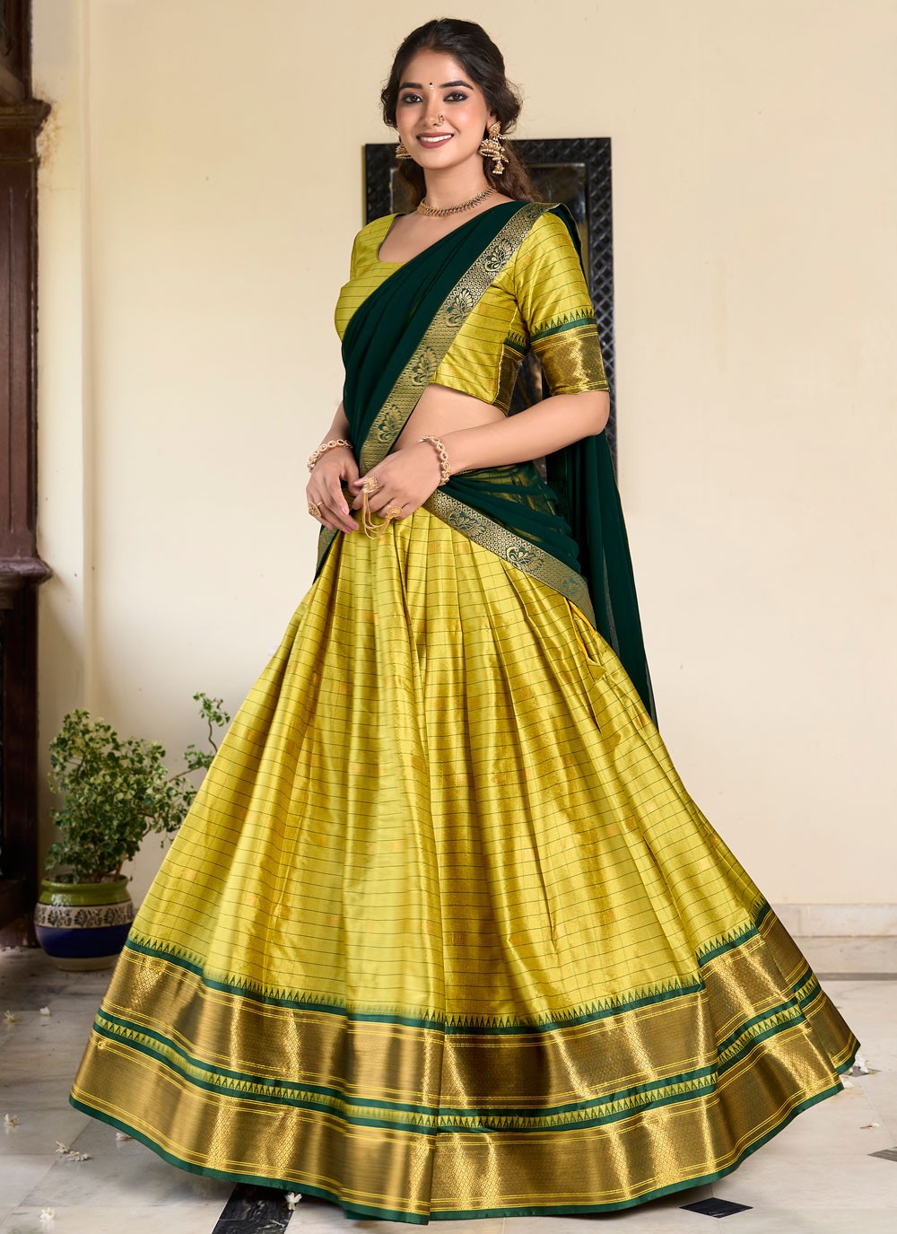 Weaving Zari Cotton Silk A - Line Lehenga - L2758