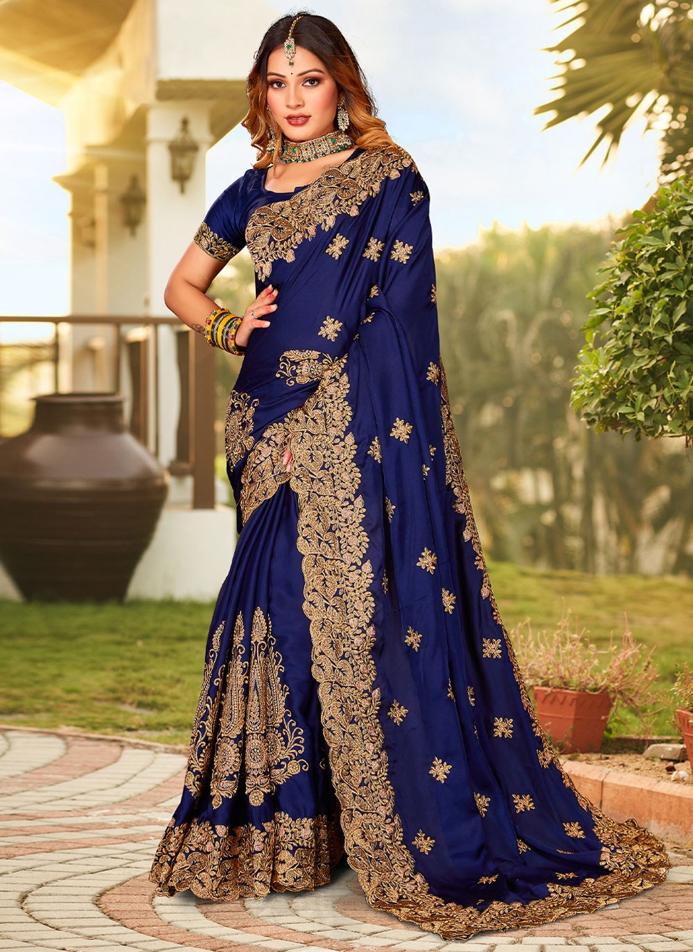 Designer Embroidered Satin Saree - S2934