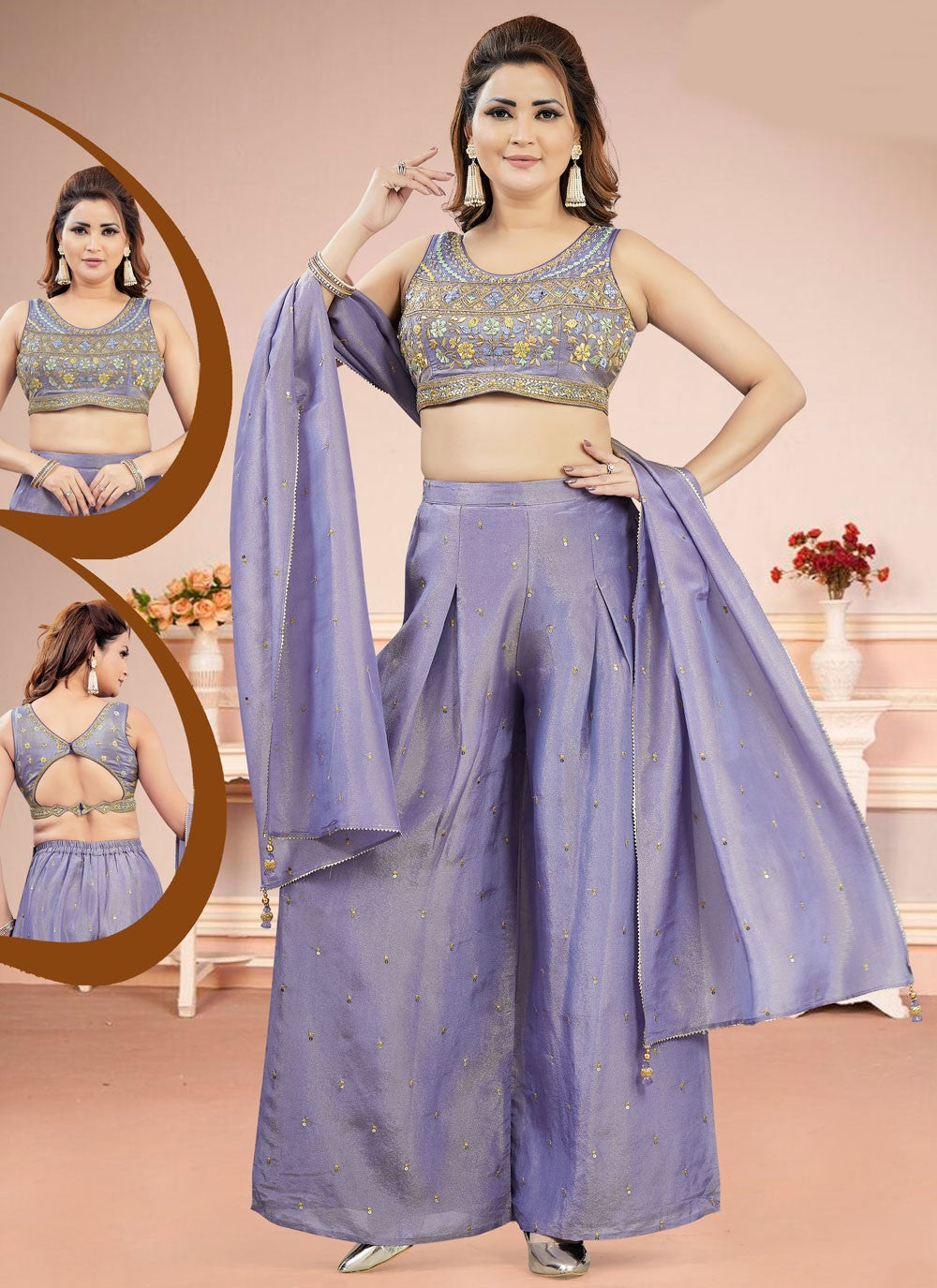 Embroidered Chinon Palazzo Suit - T4590