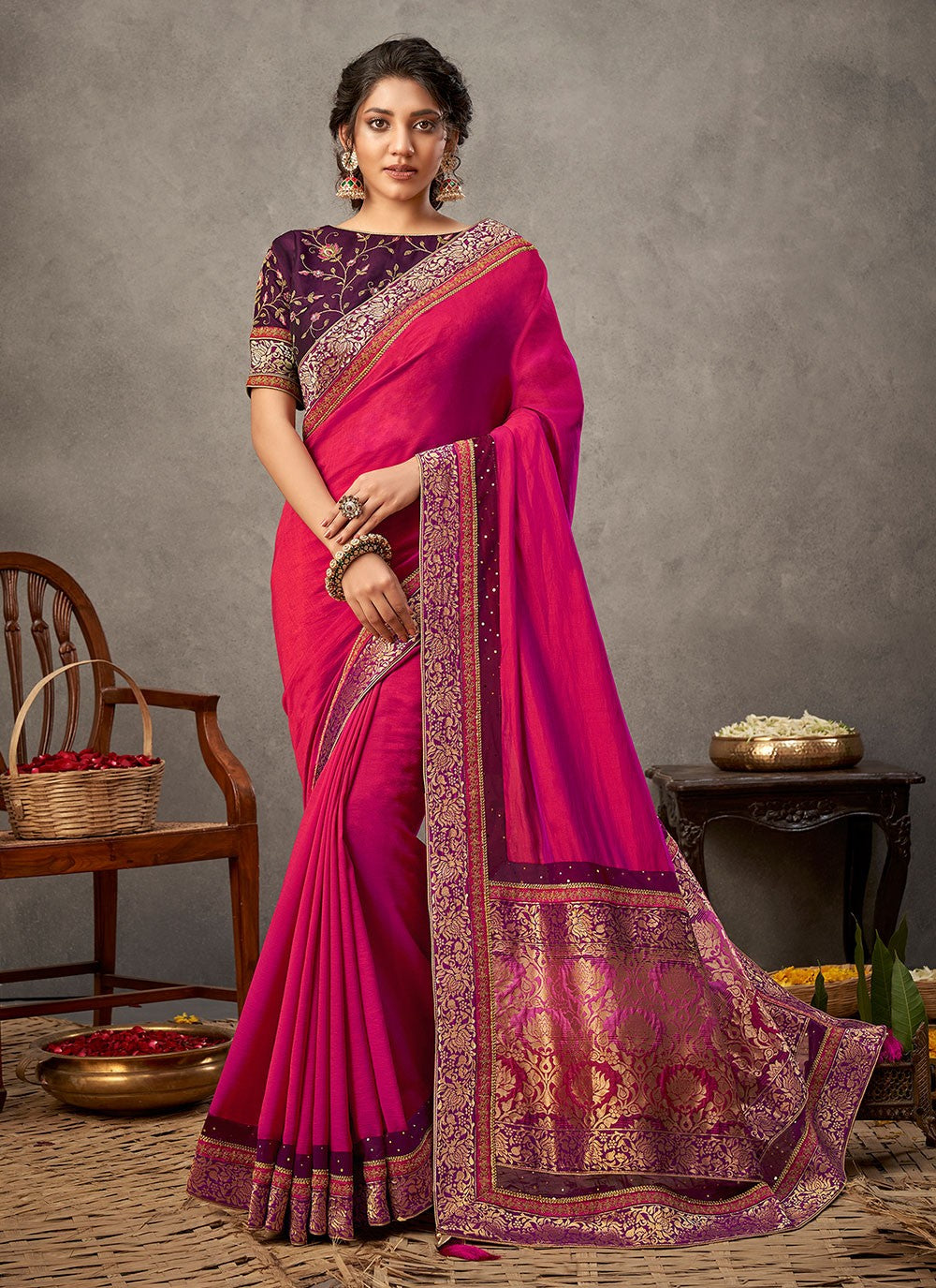 Classic Embroidered Georgette, Silk Saree - S7154