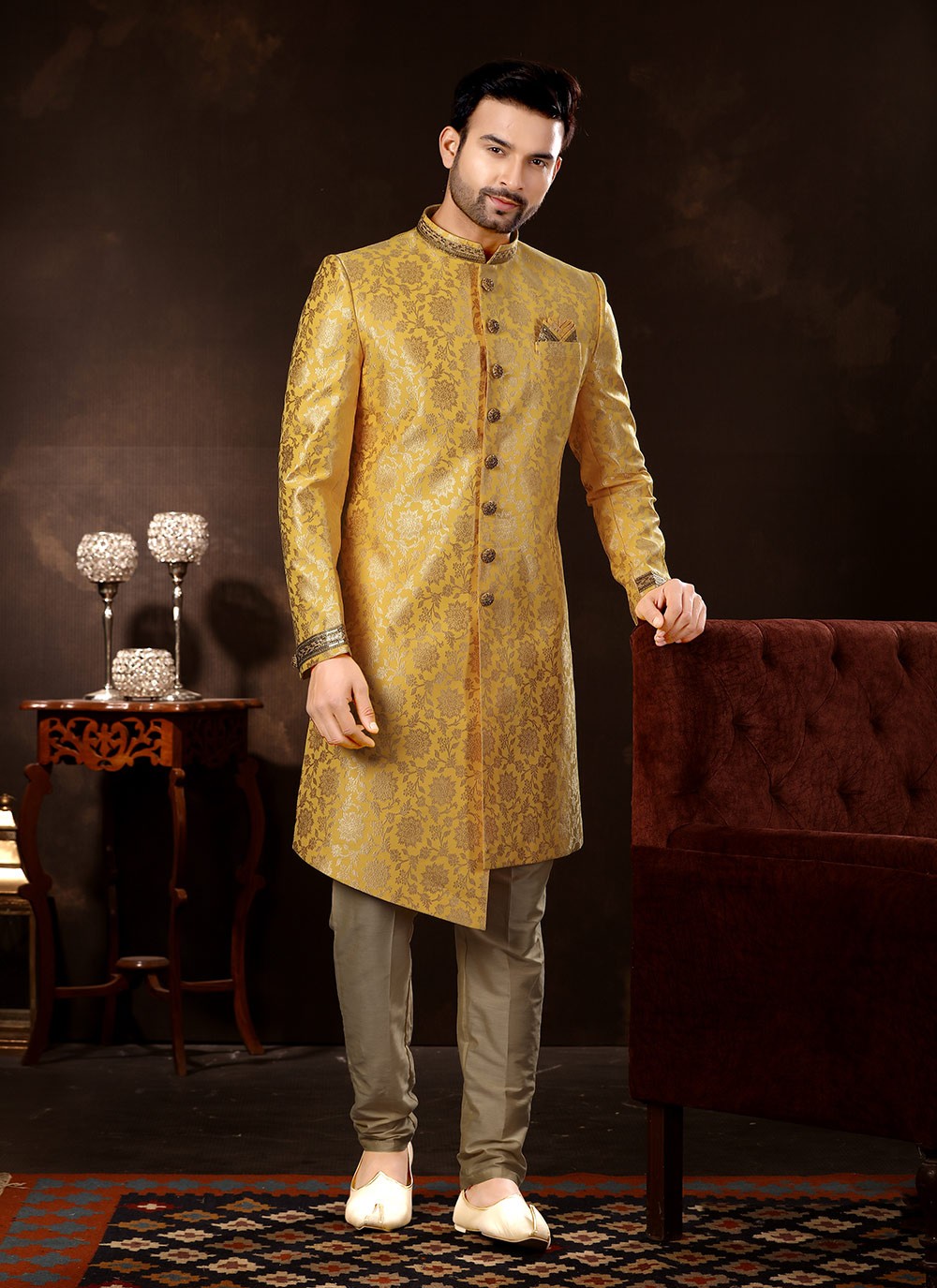 Hand Embroidery Fancy Fabric Gold Sherwani - M3060