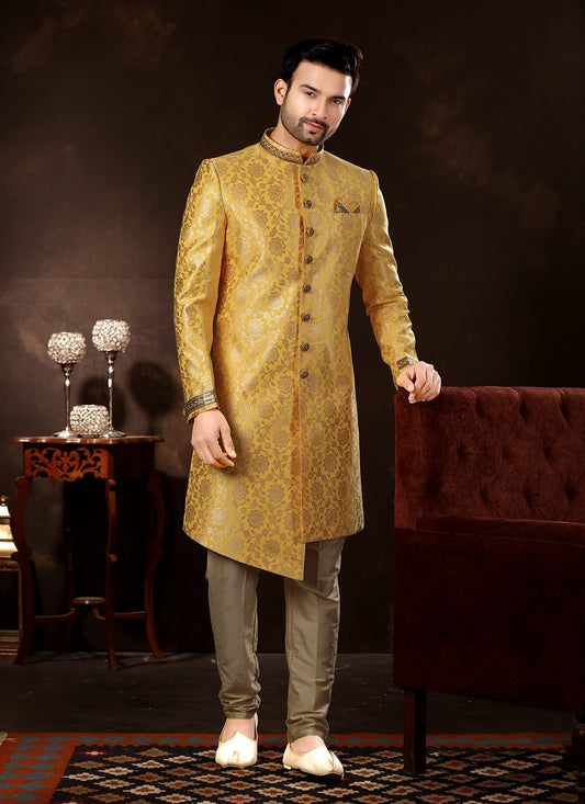 Hand Embroidery Fancy Fabric Gold Sherwani - M3060