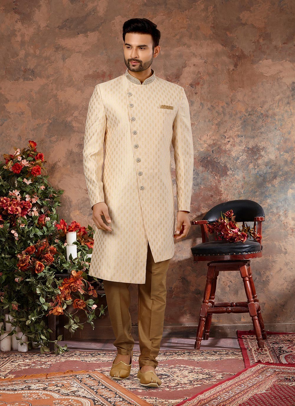 Hand Embroidery Jacquard Cream Indo Western Sherwani - M2909