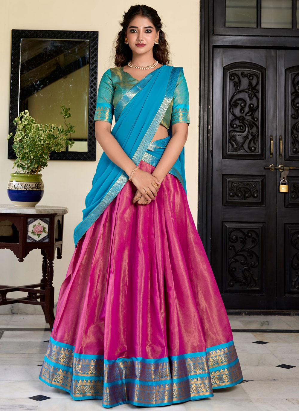 Weaving Zari Kanchipuram Silk A - Line Lehenga - L2927