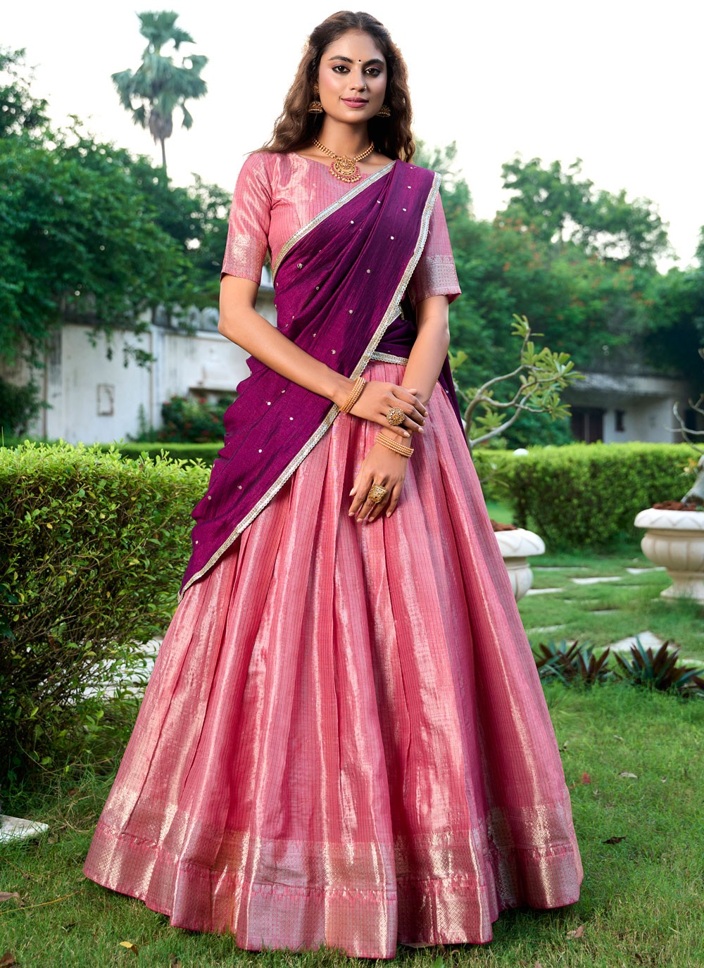 Weaving Zari Kanchipuram Silk A - Line Lehenga - L2579