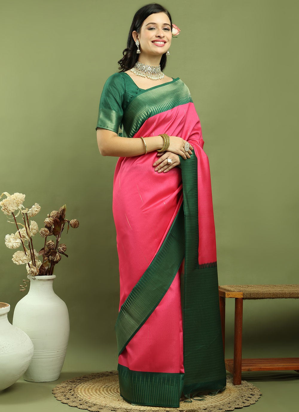 Classic Border Work Silk Blend Saree - S9786