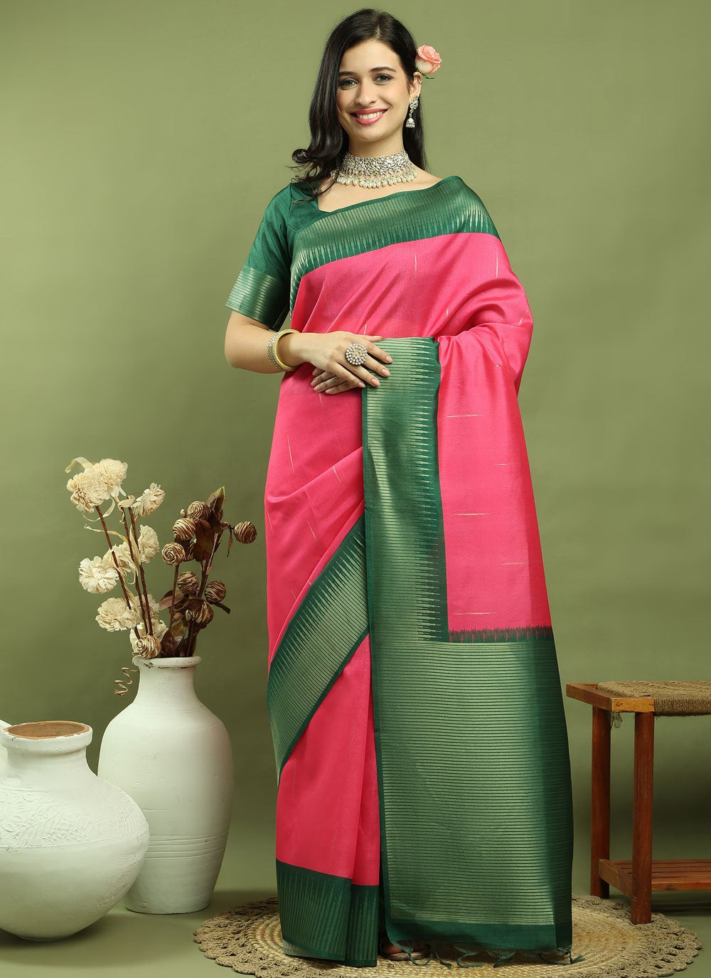 Classic Border Work Silk Blend Saree - S9786