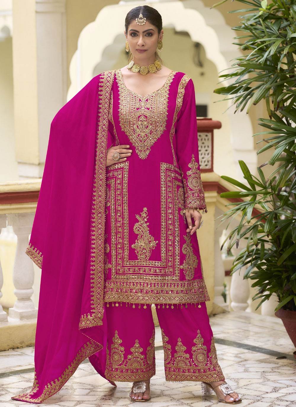 Embroidered Chinon Palazzo Suit - T4553