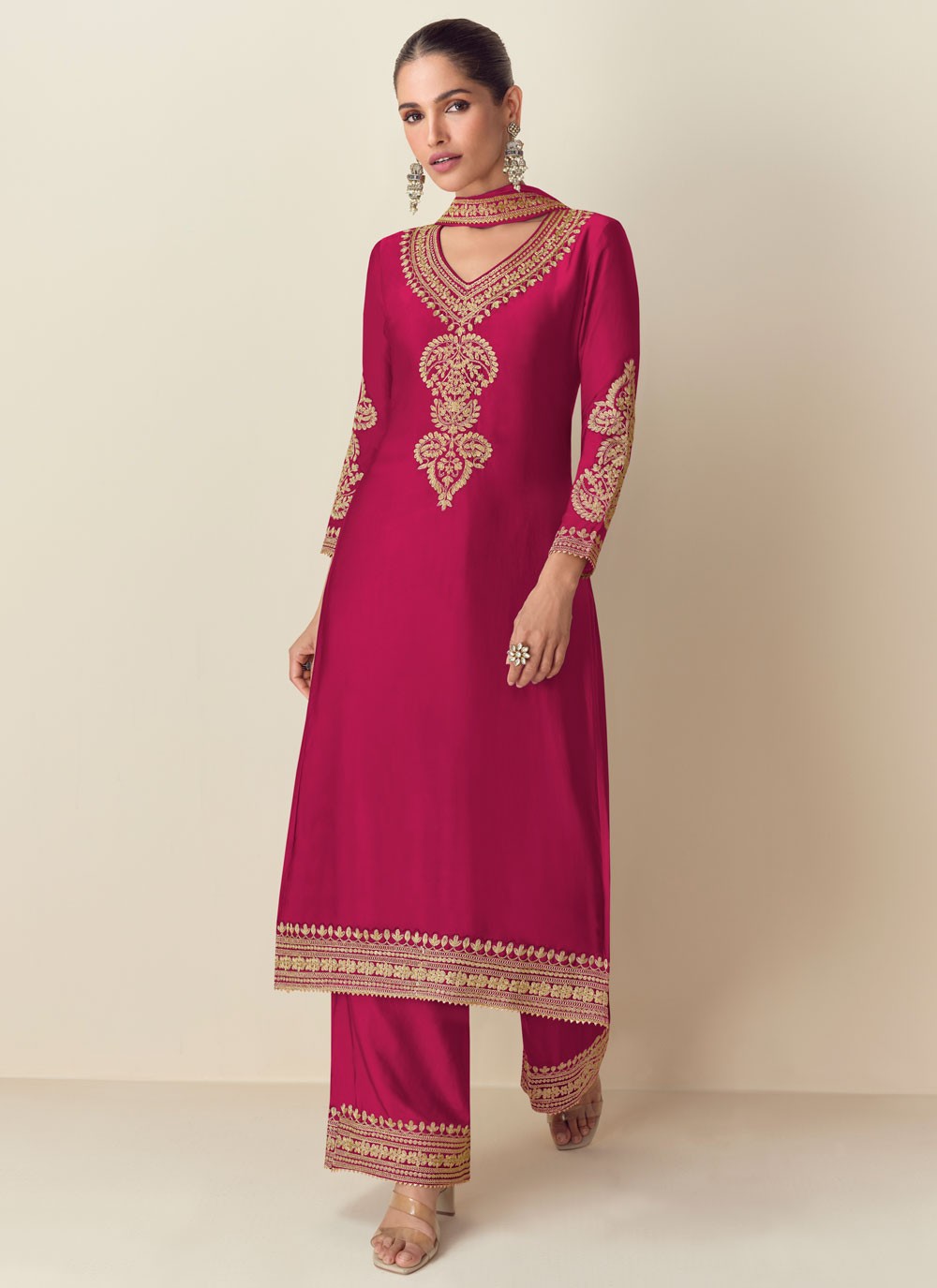 Embroidered Chinon Palazzo Suit - T4647