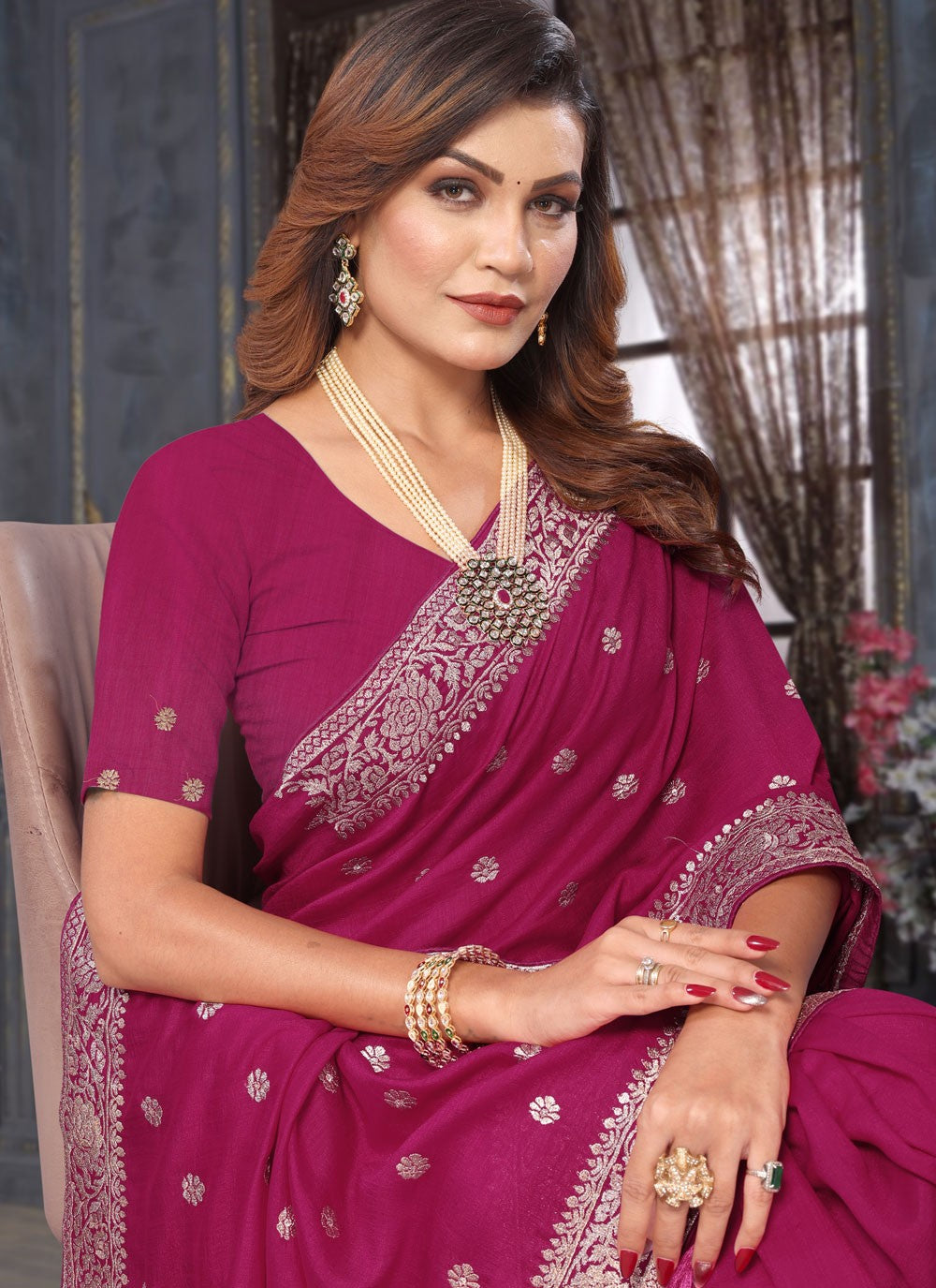 Classic Embroidered Vichitra Silk Saree - S7357