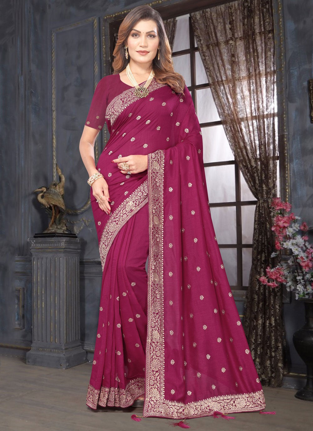 Classic Embroidered Vichitra Silk Saree - S7357