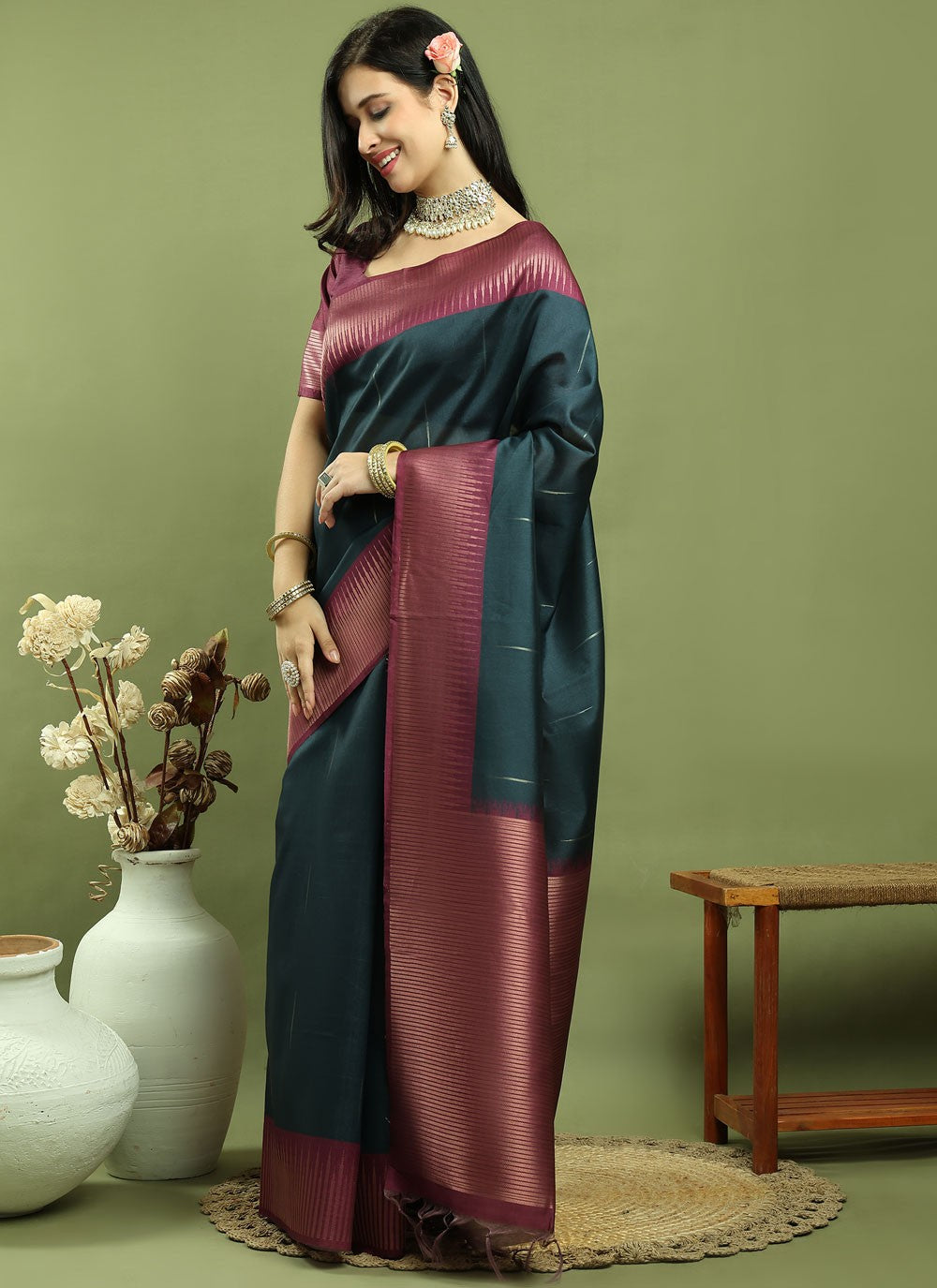 Classic Border Work Silk Blend Saree - S9786