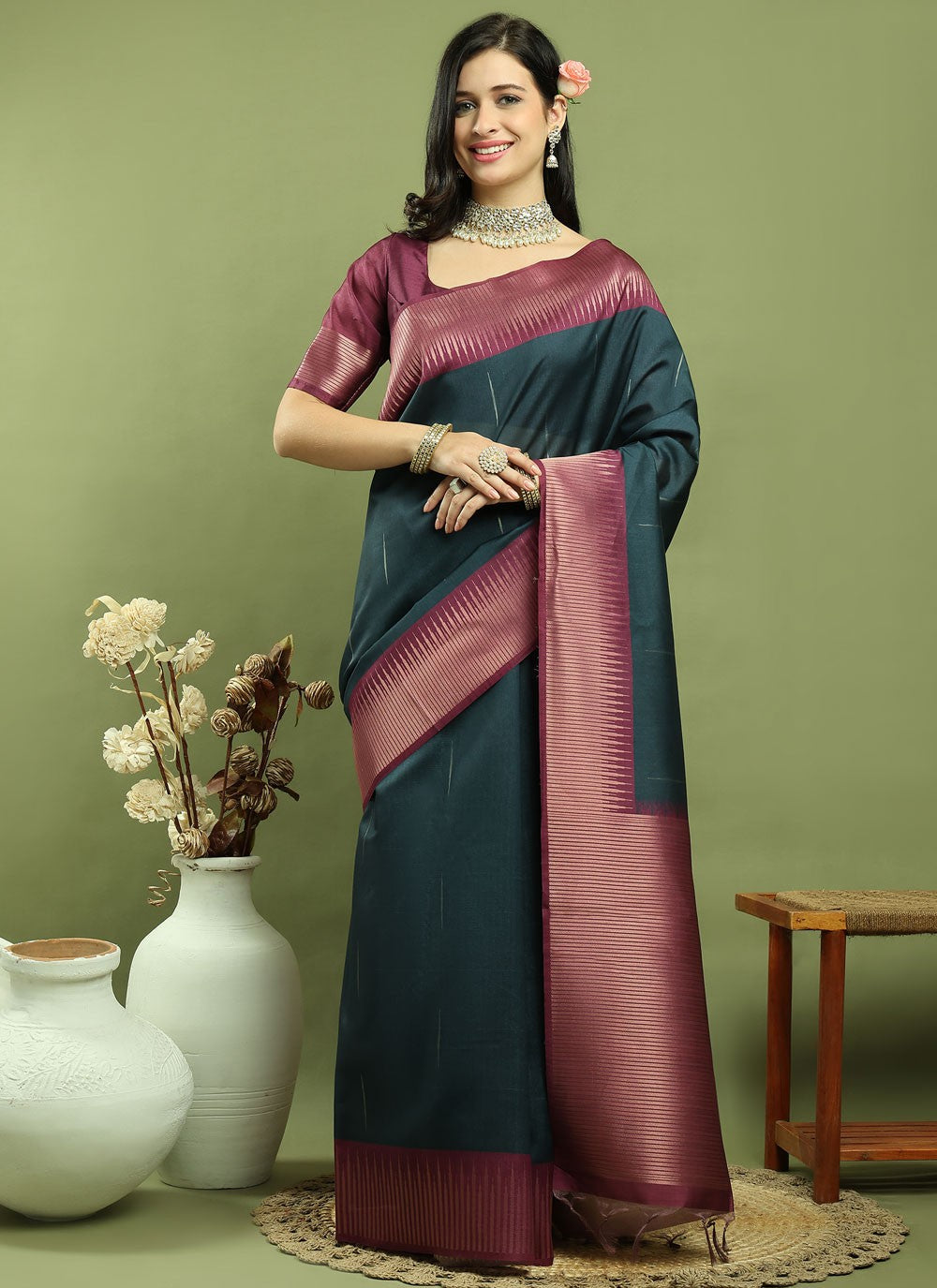 Classic Border Work Silk Blend Saree - S9786