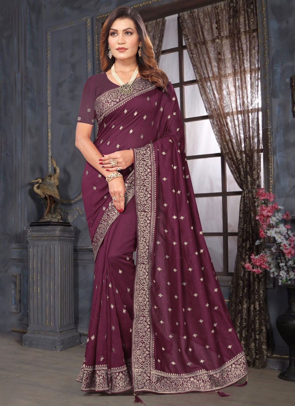 Classic Embroidered Vichitra Silk Saree - S7585